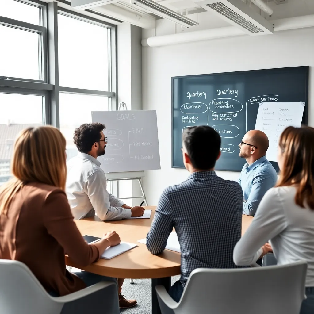 Team bespreekt kwartaaldoelen in moderne vergaderruimte